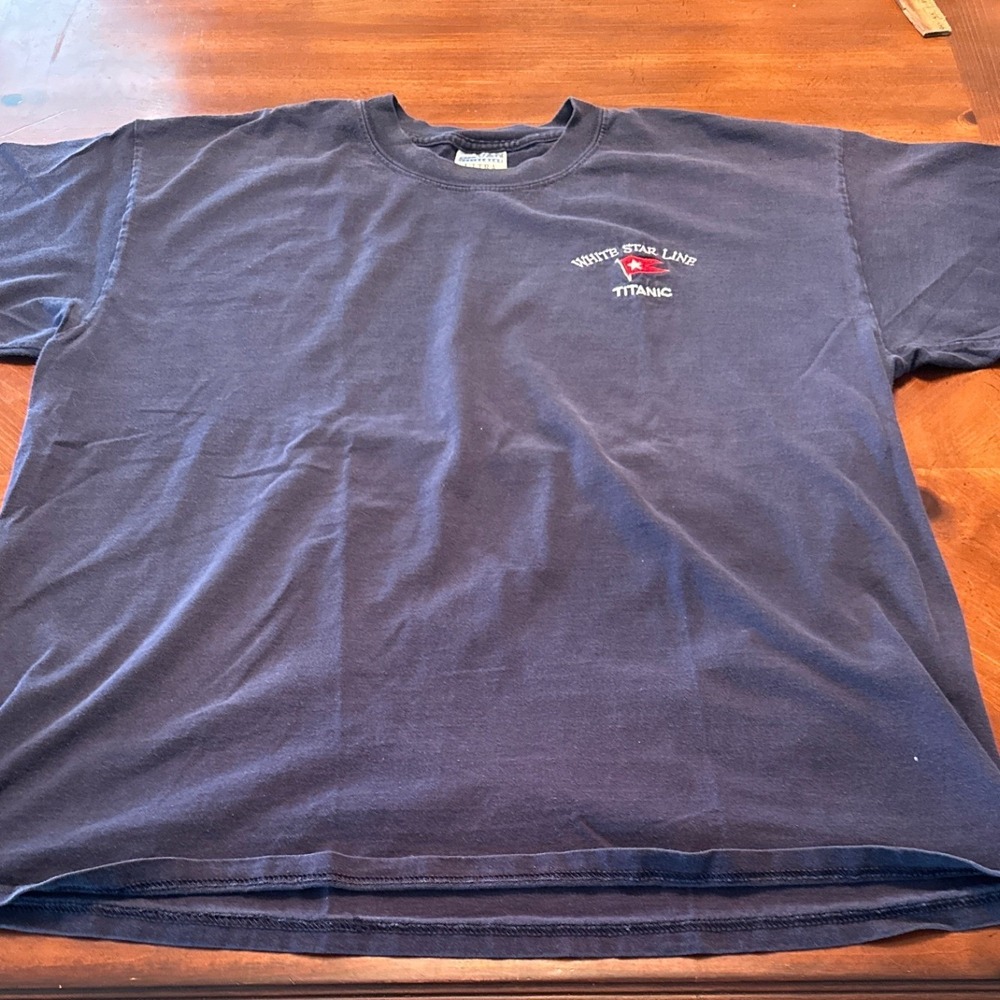Gildan T-Shirt Mens XL Navy Blue Excellent White Star Line Titanic Embroidered